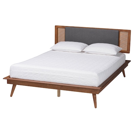 Baxton Studio Delfina Mid-Century Modern Dark Grey Fabric and Walnut Brown Finished Wood Queen Size Platform Bed 239-12636-9803-ZORO
